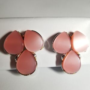 Vintage earrings pink moonglow thermoset clip on  silver tone big chunky